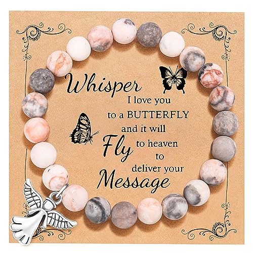 QWNHONEY Memorial Gifts for Loss of Loved Sympathy Remembrance In Memory of Mother Father Pet Bereavement Grief Pink Red Beads Bracelet with Angle Wings Jewelry Gifts for Women - style: Pink-Angel-Whisper I love you to a butterfly