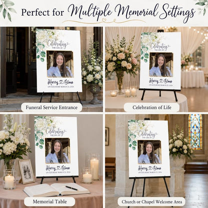 Custom Memorial Welcome Sign with Photo, Greenery and White Roses - color: Design 8