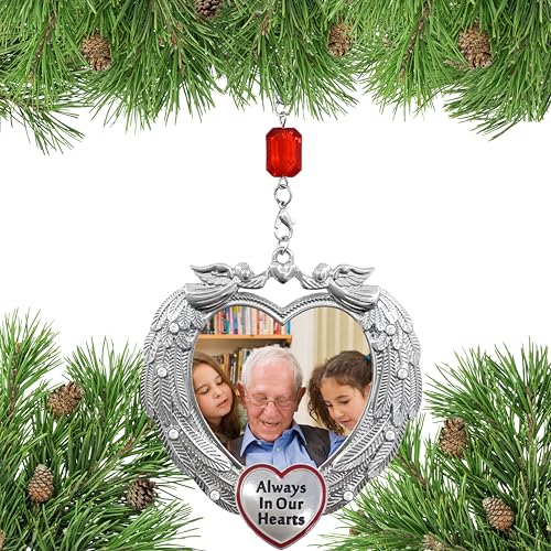 Memorial Photo Ornament Always in Our Hearts, Heart-Shaped Angel Wing Remembrance Ornament with Clear Gems, Sympathy Christmas Ornament with Gift Storage Bag, Holds 2" Photo, 3.25"