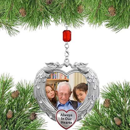 Memorial Photo Ornament Always in Our Hearts, Heart-Shaped Angel Wing Remembrance Ornament with Clear Gems, Sympathy Christmas Ornament with Gift Storage Bag, Holds 2" Photo, 3.25"