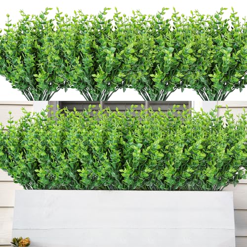AmyHomie 20 PCS Artificial Flowers for Outdoors, UV Resistant Fake Plants | Garden, Patio, Porch, Window Box, Hanging Flowers Planters; No Fade, Long Lasting, Maintenance Free Indoor DIY Decor - color: Green-eucalyptus, size: 20