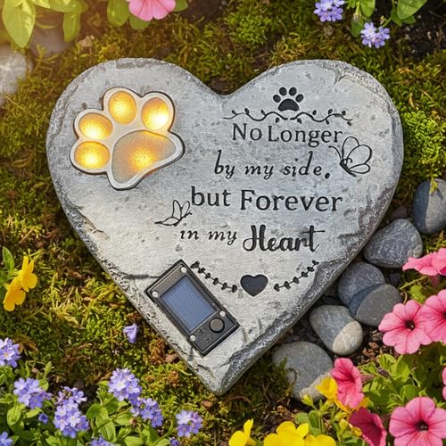 Pet Memorial Stone Solar Lighted Glowing Paw Print Heart Statue 10" | Pet Headstones For Dogs Cats with "Forever in My Heart" Engraved, Waterproof Resin Loss of Dog Sympathy Gift - color: Heart Pet
