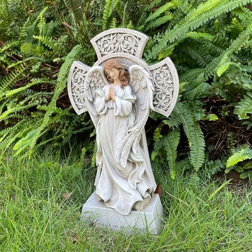 Memorial Angel Statue with Cross, 12 Inch Remembrance Angel for Loved One, Graveside or Home Sympathy Decor, Handwriting-Friendly Base