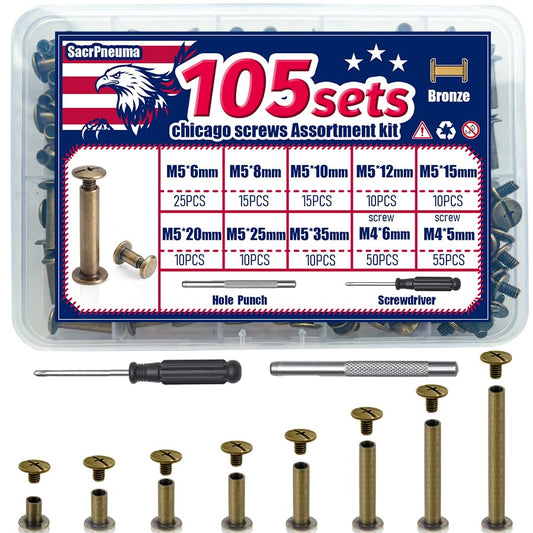 Chicago Screws for Leather, 105 Sets, Long Posts 6-35mm, Bronze | For thick leather and layered crafts; functions as screw rivets, binding posts or belt screws for bookbinding and holsters - color: Bronze, size: 105 Sets