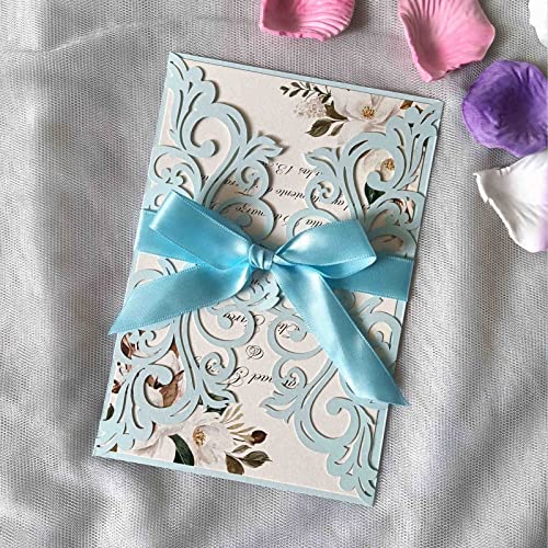 25PCS Light Blue Laser Cut Wedding Invitations Cards with Envelopes,Blank Inner Sheets,Ribbons for Wedding Bridal Shower Quinceanera Engagement Birthday Invites matte light blue B001 - color: matte light blue