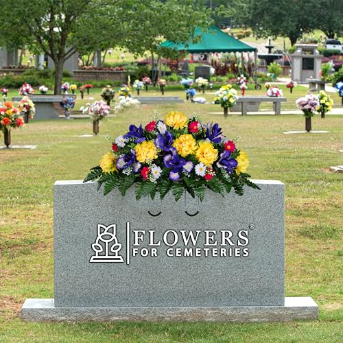 Sympathy Silks 30" Spring Headstone Flowers Saddle - Purple Iris, Yellow Mum, Daisies - Grave Flowers - Mother's Day Spring Flowers