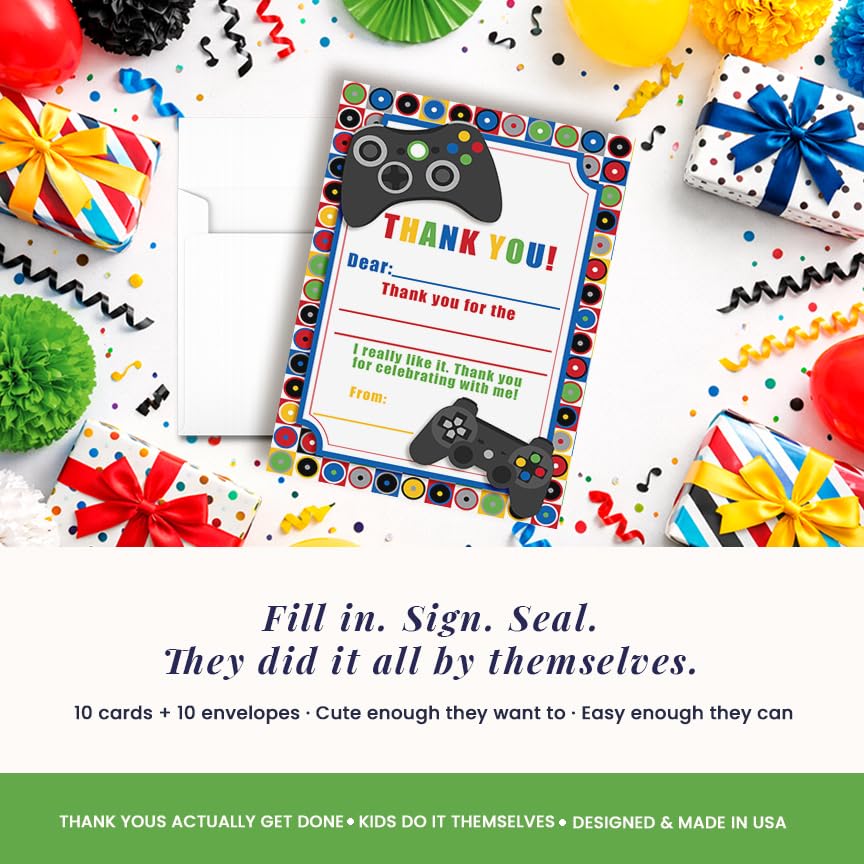 Amanda Creation Video Game Thank You Cards, 10 Pack 4x5.5 Kids Thank You Cards Fill in the Blank with White Envelopes, Game On Gamer Birthday Notes, Made in USA - style: Game On Video Gamer