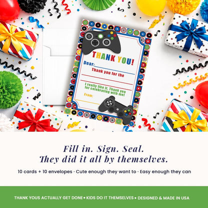 Amanda Creation Video Game Thank You Cards, 10 Pack 4x5.5 Kids Thank You Cards Fill in the Blank with White Envelopes, Game On Gamer Birthday Notes, Made in USA - style: Game On Video Gamer
