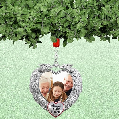 Memorial Photo Ornament Always in Our Hearts, Heart-Shaped Angel Wing Remembrance Ornament with Clear Gems, Sympathy Christmas Ornament with Gift Storage Bag, Holds 2" Photo, 3.25"