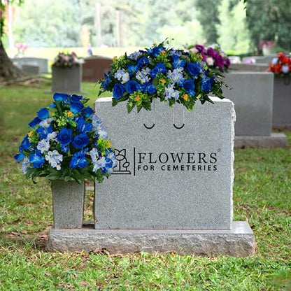 Sympathy Silks Artificial Cemetery Flowers - Gravesite Flowers - Blue Roses and Hydrangeas - (1) Headstone Flower Saddle & (1) Matching Bouquet - size: (1) Saddle (1) Bouquet