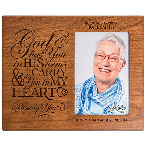 LifeSong Milestones Personalized Memorial Sympathy Picture Frame, God Has You in His Arms & I Carry You in My Heart, Custom Frame Holds 4x6 Photo, Made in USA (Cherry) - color: Cherry