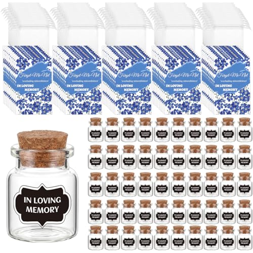 50 Set Funeral Favors for Guests, Empty Glass Bottles with Cork Stopper, Funeral Cards & Organza Bags for Memorial Gifts, Celebration of Life Favors, No Seed(Blue) - color: 50 Blue Sets