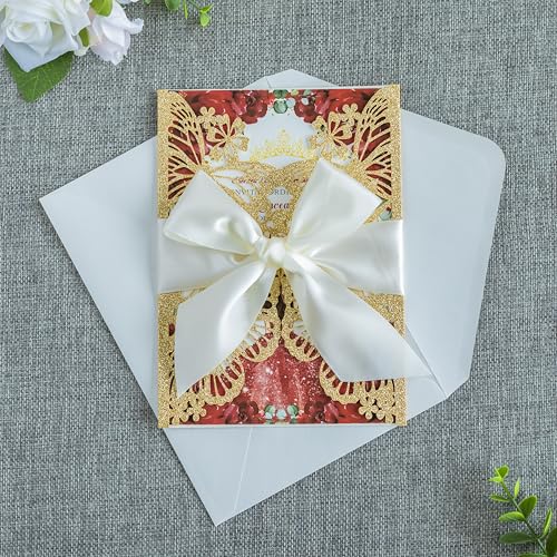 20 PCS Butterfly Quinceanera Invitation, Laser Cut Invitation Cards | 5.12x7.2" Gold Glitter Butterfly Quinceanera Invitation with Envelopes for XV Anos Bridal Shower Baby Shower Invite - color: Golden Glitter