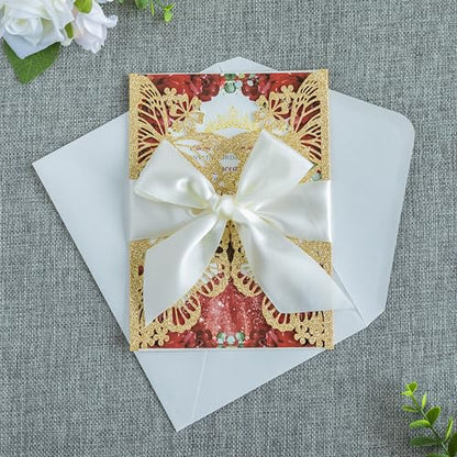 20 PCS Butterfly Quinceanera Invitation, Laser Cut Invitation Cards | 5.12x7.2" Gold Glitter Butterfly Quinceanera Invitation with Envelopes for XV Anos Bridal Shower Baby Shower Invite - color: Golden Glitter