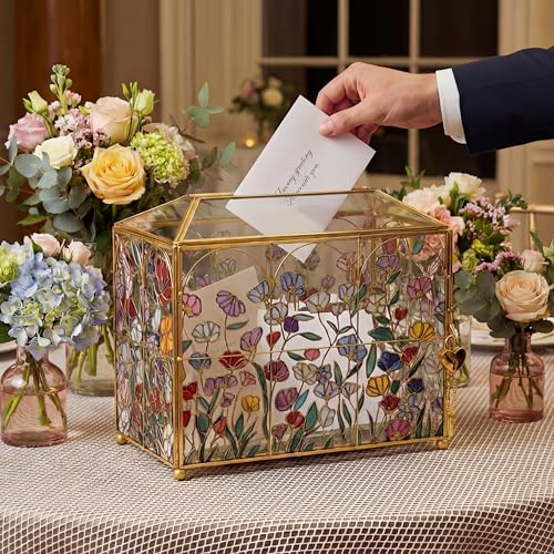 Patelai Floral Stained 12.6 Inch Large Wedding Glass Card Box with Slot | Wedding Envelope Holder for Reception Gold Card Box with Lock Decorative Baby Shower Birthday Party Bridal Shower - size: 10.43 x 5.9 x 8.46 Inches