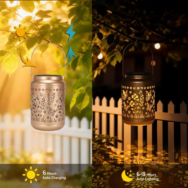 Lyeasw Garden Decor Butterfly Solar Lanterns Waterproof, Christmas Garden Gifts for Women Mom Grandma, Hanging Solar Lights for Outside, Metal Outdoor Decorations for Patio, Yard, Pathway(Bronze) - style: Butterfly