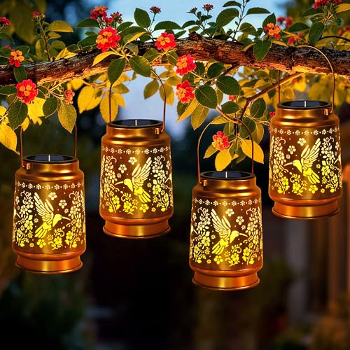 Solar Lanterns Outdoor Waterproof Hummingbird Hanging Solar Lantern Metal Patio Yard Garden Decoration Gifts for Mom Grandma 4 Packs - size: 4 packs