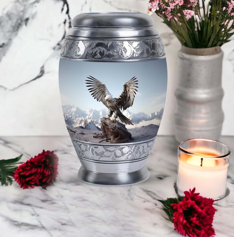 Eagle with Snow Mountains in - Burial Urn for Adult Human Ashes - Unique Urn - 10 Inch Large - Funeral Ash Holder - size: Large