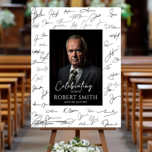 Striking "Celebrating The Life Of" Memorial Sign with Dark Background Photo - Custom Funeral Remembrance Board|Guest Book Alternative - color: Design 7