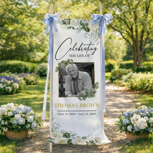 Personalized Memorial Fabric Banner, Custom Celebration of Life Banner with Photo, Minimalist Funeral Memorial Sign, Cotton Linen Remembrance Decoration, In Loving Memory Tribute Display - color: Design 1