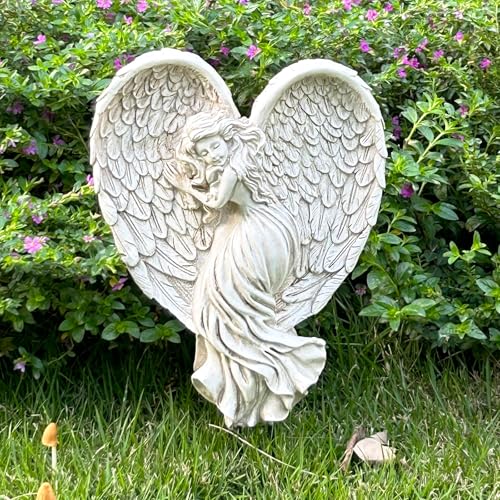 Angel Garden Statue for Outdoor Sleeping Angel with Wings Fairy Memorial Guardian Love Angels with Stake for Outside Yard Art Grave Cemetery Patio Balcony Lawn, White
