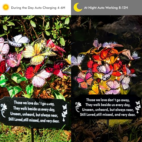 Solar Butterfly Memorial Stake for Graves - Metal Cemetery Garden Decor with LED Lights - Sympathy Remembrance Plaque to Honor Mother Father - Weatherproof Outdoor Bereavement Tribute(with Flowers) - style: Dear with Flowers