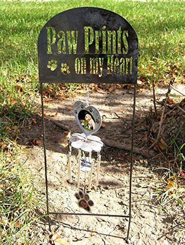 Pet Memorial Garden Stake with Wind Chimes & Photo Frame – Paw Prints on My Heart Pet Loss Gift for Dog or Cat Memorial – Black Wrought Iron Outdoor Grave Marker Sympathy Gift – 22.5"