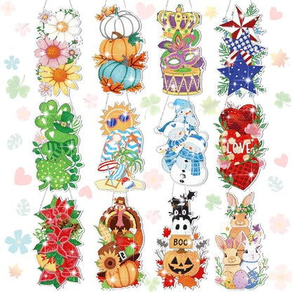 Cinnvoice Seasonal Diamond Art Hanging Kit,12 Pcs,Vertical | Holiday Diamond Art Wreath Ornament, Month Gem Hanging Sign, Festival Crystal Suncatcher, for Door Window Wall Home Decor - style: Vertical