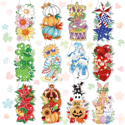 Cinnvoice Seasonal Diamond Art Hanging Kit,12 Pcs,Vertical | Holiday Diamond Art Wreath Ornament, Month Gem Hanging Sign, Festival Crystal Suncatcher, for Door Window Wall Home Decor - style: Vertical
