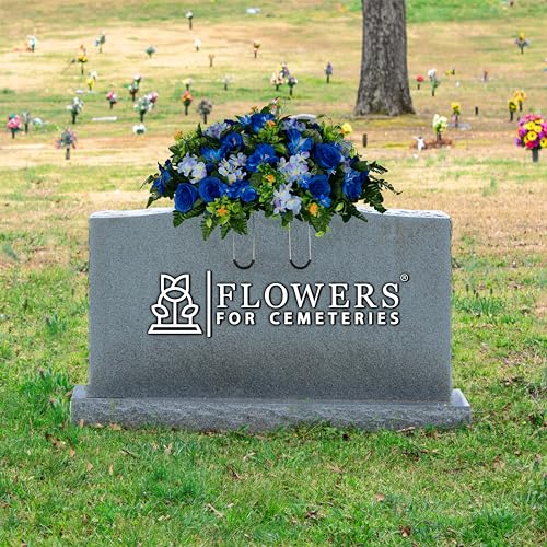 Sympathy Silks 30" Headstone Flower Saddle Artificial Cemetery Flowers - Gravesite Flowers - Blue Roses and Hydrangeas - size: Saddle