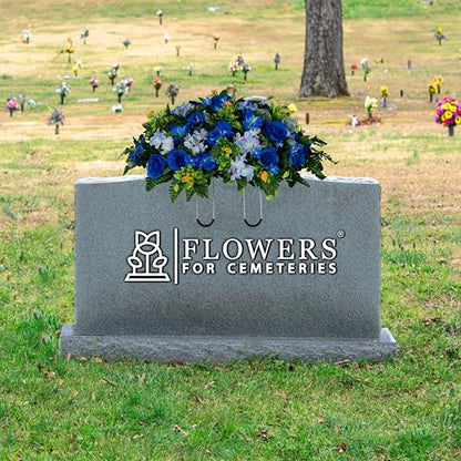 Sympathy Silks 30" Headstone Flower Saddle Artificial Cemetery Flowers - Gravesite Flowers - Blue Roses and Hydrangeas - size: Saddle