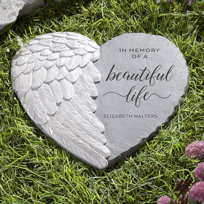 Let's Make Memories Personalized Memorial Garden Stone - Sympathy - Loss of Loved One - Condolences - Indoor/Outdoor - Durable Resin - 3D Iridescent Wing - Beautiful Life - style: In Memory