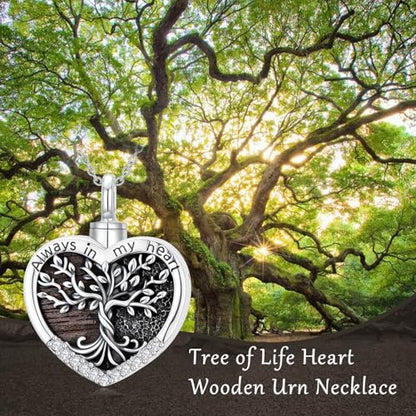 TOUPOP Tree of Life Urn Necklaces for Ashes 925 Sterling Silver Heart Cremation Jewelry Memorial Keepsake Jewelry with Funnel Filler for Women Men - color: A-Heart Tree of Life-Wood
