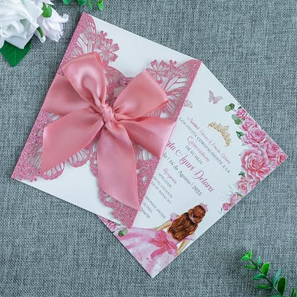 20 PCS Butterfly Quinceanera Invitation, Laser Cut Invitation Cards | 5.12x7.2" Pink Glitter Butterfly Quinceanera Invitation with Envelopes for XV Anos Bridal Shower Baby Shower Invite - color: Pink Glitter