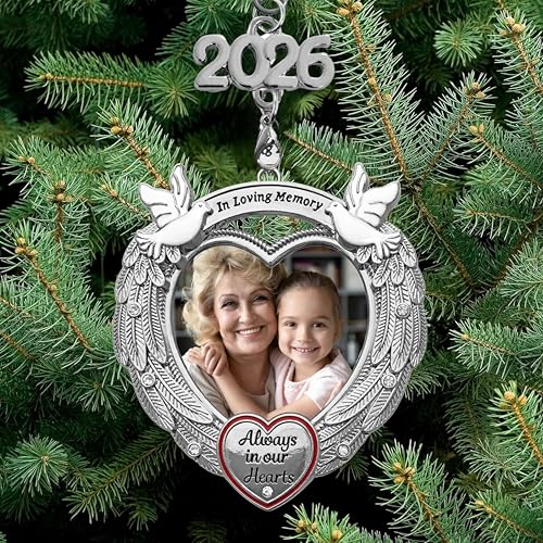 2026 Memorial Photo Ornament with Angel Wings & Doves, Christmas Picture Ornament with Crystal Accent, Sympathy Keepsake Gift, Holds Photo, Silver Finish, 3 Inch, Storage Gift Bag Included