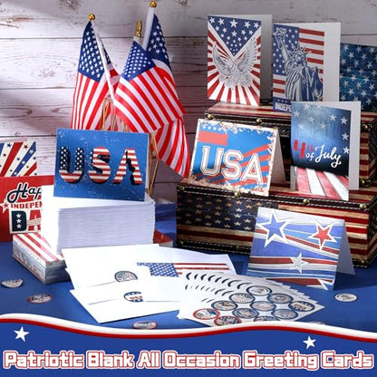 Tisancy 100 Sets Patriotic Thank You Cards with Envelopes Stickers, Vivid | American Flag Greeting Cards, Red White Blue Blank Note, USA Flag Appreciation Cards, for 250th Anniversary Military Veterans - color: Vivid Flag