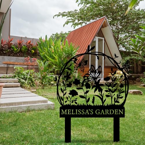 Personalized Garden Sign with Flower Design Custom Stake Butterfly Customized Gardening Gift Farmhouse Decor for Outside Gardening Decorative Gifts Gardeners Backyard Art Yard Outdoor Lawn Patio Path Black Large Camping Housewarming Mom Grandmother - colo