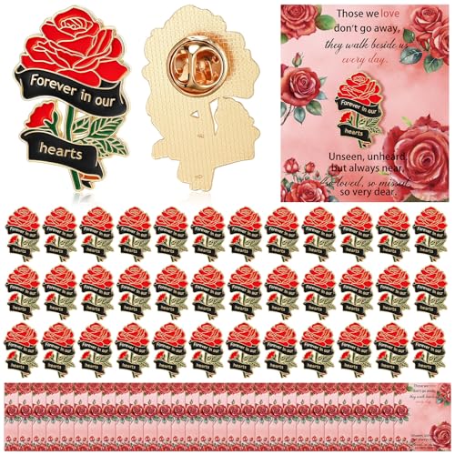 Suncalla 65 Sets Funeral Favors, Celebration of Life Favors Bulk Memorial Rose Lapel Pins with Recuerdos Sympathy Cards for Memorial Party Supplies Guest Return Favor Funeral Gifts - color: Red