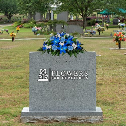 Sympathy Silks 30" Headstone Flower Saddle Artificial Cemetery Flowers - Gravesite Flowers - Blue Lily and Rose with White Daisies - color: Blue, size: Saddle