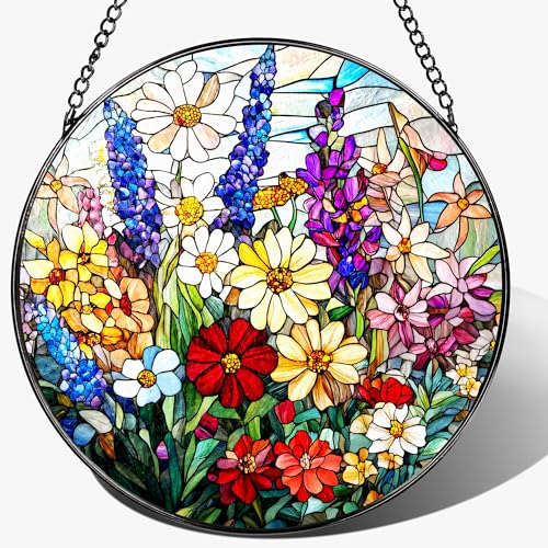 Stained Glass Window Hanging, 8 Inch Wildflower Stained Glass Suncatcher, Suncatchers for Windows Hanging, Wildflower Window Decor, Florist Gift, Flower Lover Gifts, Gifts for Mom, Grandma - color: Wild Flower