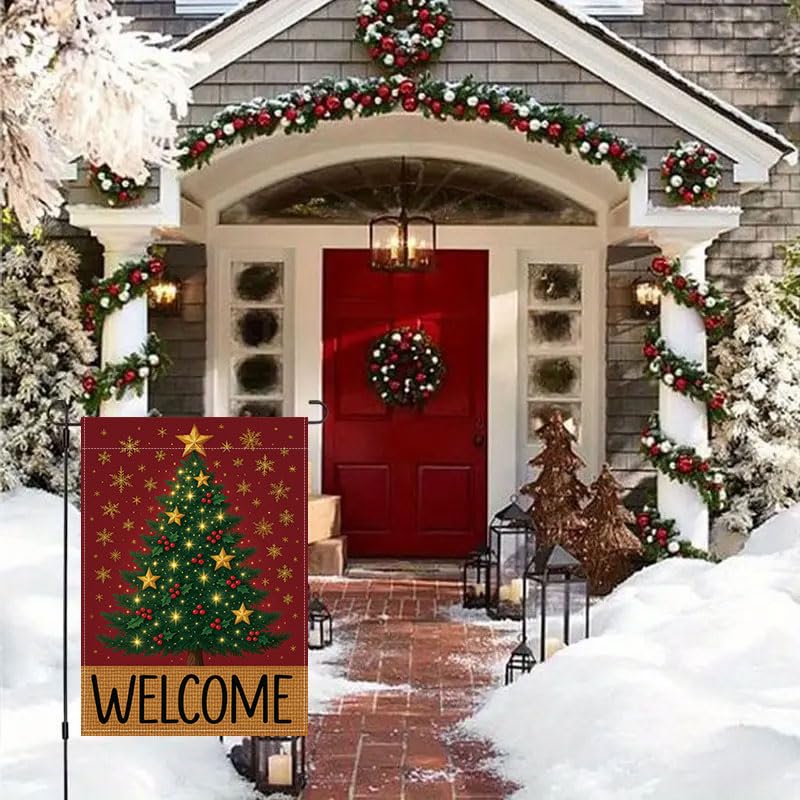 Merry Christmas Garden Flag 12x18 inches Welcome Sign Red, green, and gold Christmas tree with stars, holly berries, and snowflakes, designed for indoor and outdoor weather resistance, suitable for terraces, courtyards, decks, and holiday decorations.outd