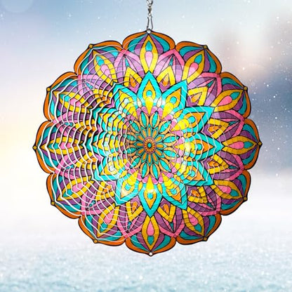 Mandala Wind Spinner Purple Tulip Design, 12in Hanging Sculptures - color: Mandala Purple Tulip
