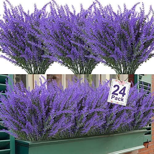24 Pcs Artificial Lavender Fake Flowers Outdoors, Purple | Realistic, faux plastic plants, UV resistant, for home wedding garden patio window table centerpieces indoor outdoor decor - color: Purple, size: 24 Bundles