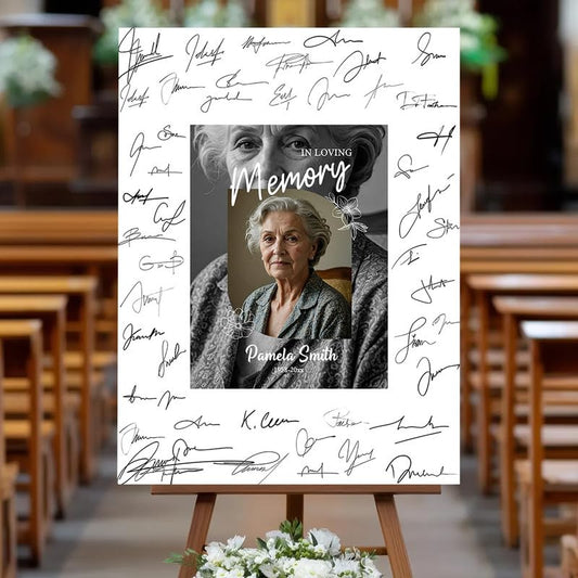 Elegant "In Loving Memory" Sign with Photo Overlay & Florals - Custom Funeral Remembrance Board|Optional Guest Book Signature Display - color: Design 3