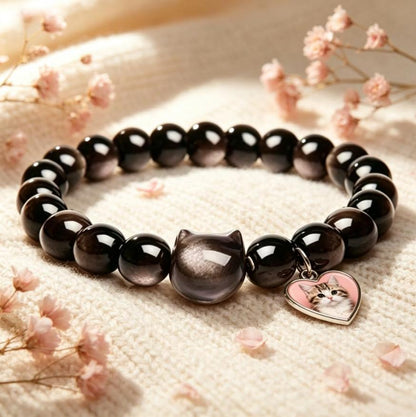 Personalized Pet Memorial Obsidian Bracelet with Photo Charm | Custom Photo Pet Loss Bracelet，Cat Dog Memorial Keepsake Jewelry ，Dog Cat Lovers Pet Loss Remembrance