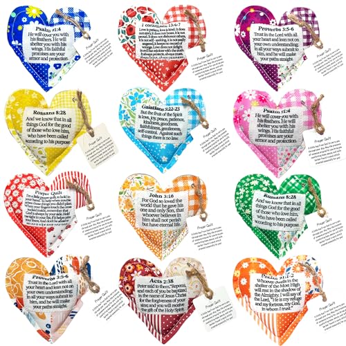 12 Pack Prayer Quilt with Cross Inside, pantchwork Pocket Prayer Quilt squares, Pastor Appreciation Gifts, Prayer Closet Essentials, Scripture Comfort for Cancer Patients & Women (heart shape)