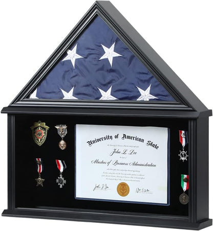 American Flag Shadow Box 5x9.5 Wooden Certificate Holder Black | solid wood frame,transparent real glass,walnut finish,wall desktop use,for military flag medal certificate display - size: Large-Black