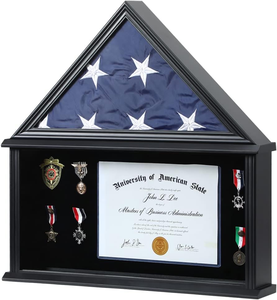 American Flag Shadow Box 5x9.5 Wooden Certificate Holder Black - size: Large-Black