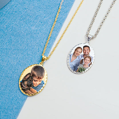 Oval w/Diamond Cut Edge Custom Photo Engraved Pendant - in Solid 14K, 10k, Yellow, White, Or Sterling Silver - color: Solid 10K White Gold + Photo, size: 2/3 x 3/4 Inch