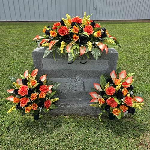 Headstone Saddle and Cemetery Cone Set with Orange and Black Rose Flowers for Halloween, Fall, and Motorcycle Biker Memorial Decoration